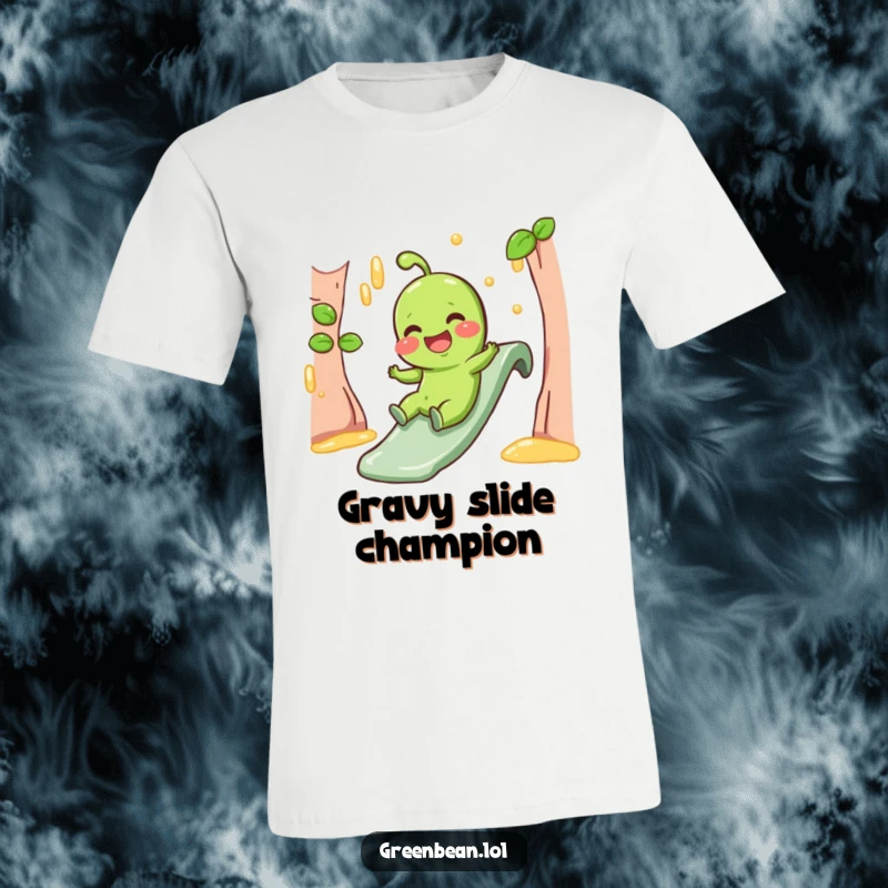 Funny T-Shirt with a giggling green bean character sliding down a gravy slide, celebrating food fun.
