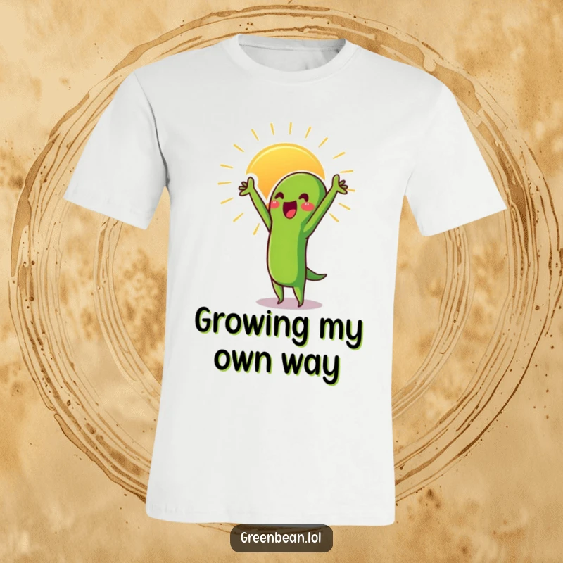 Funny Green Bean T-Shirt showing a proud character stretching towards the sun, radiating ambition and a desire to grow.