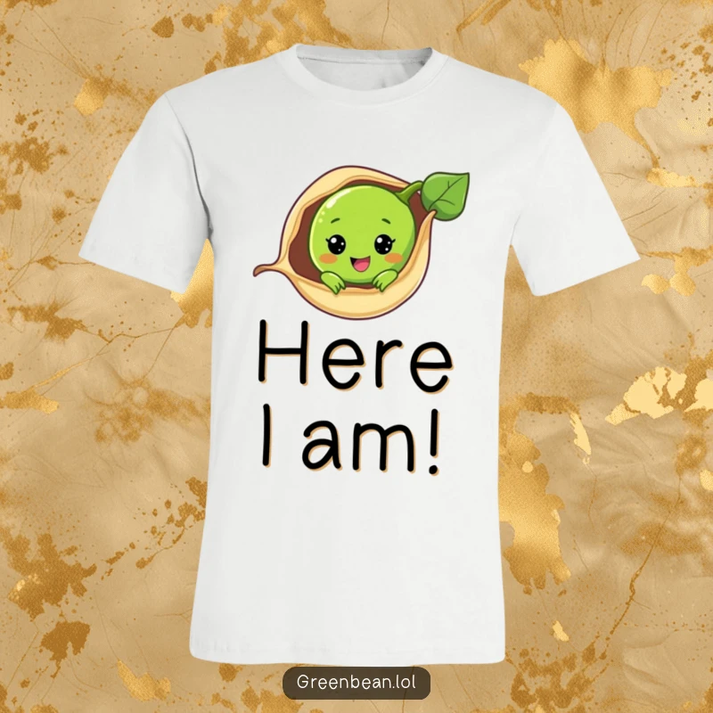 Funny t-shirt with a cute green bean character giving a shy peek from its pod, showcasing playful innocence.