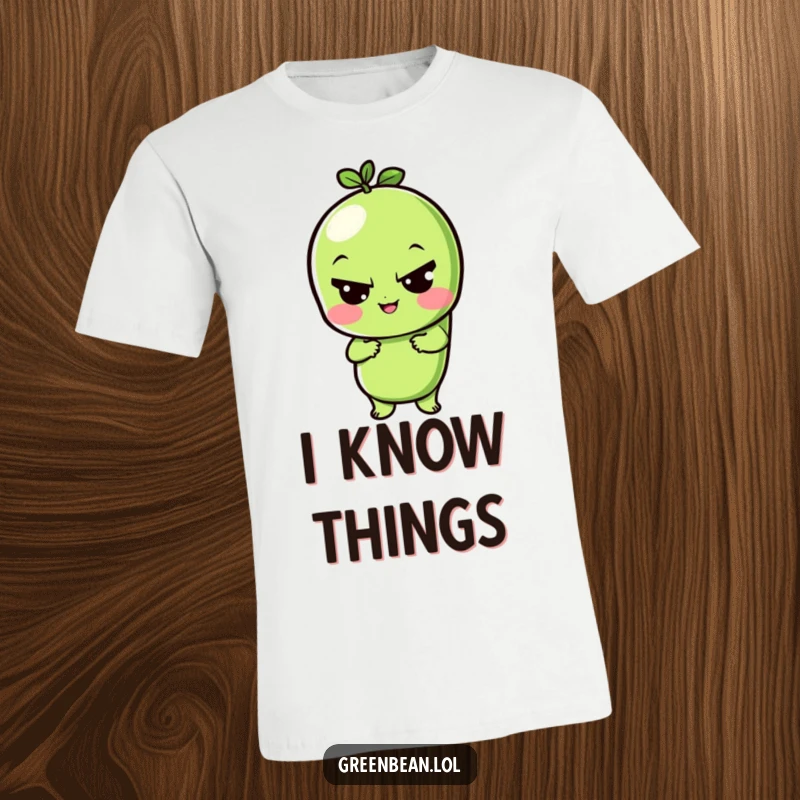 Funny t-shirt illustration of a playful green bean character giving a sly, charming wink.