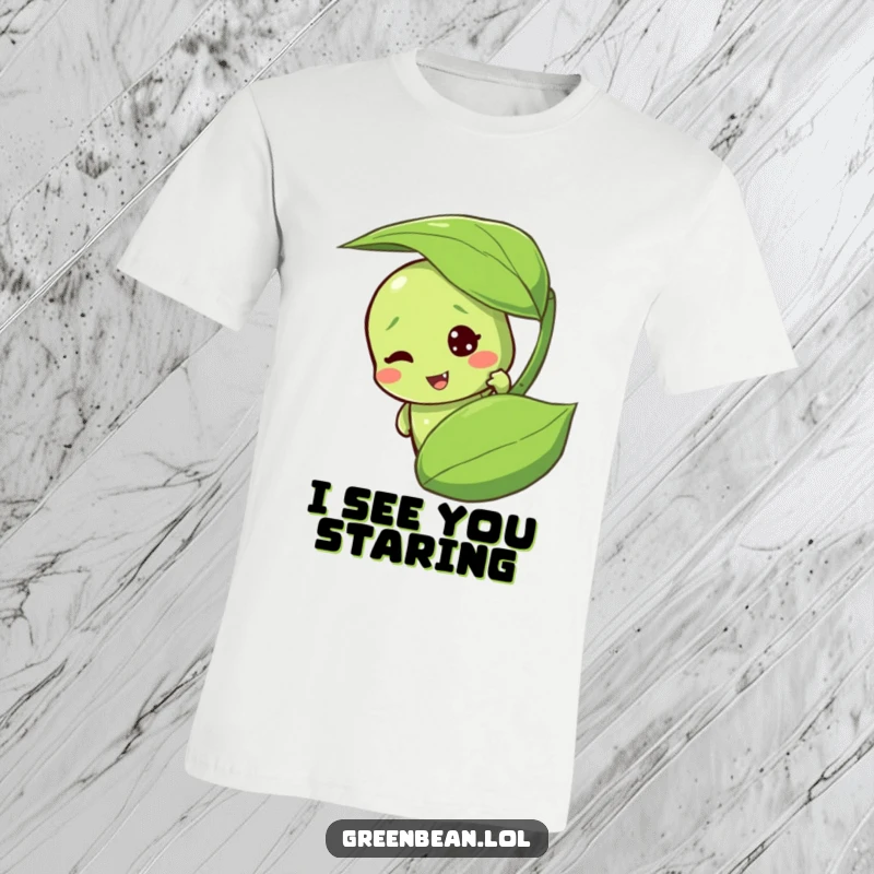 Funny sneaky green bean t-shirt with a mischievous character playfully peeking from behind a leaf. A playful tee.