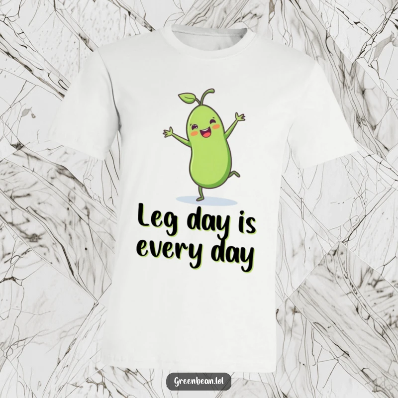 Funny green bean t-shirt showing a cheerful green bean with tiny legs doing a joyful cartwheel, perfect for expressing playful and humorous energy.