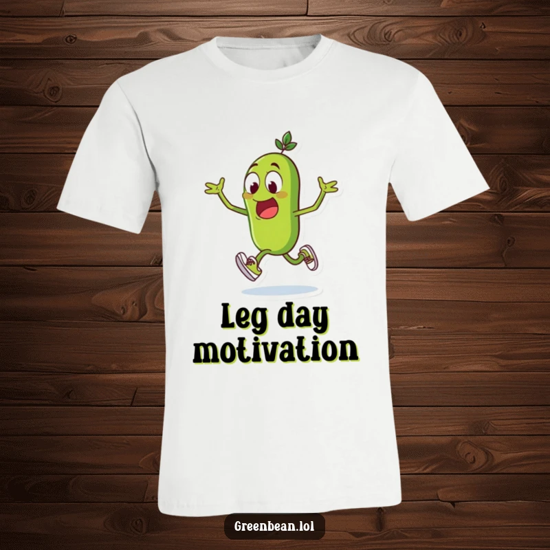 Funny green bean t-shirt, excited character with tiny running shoes, sprinting forward, perfect for active people, funny gift.