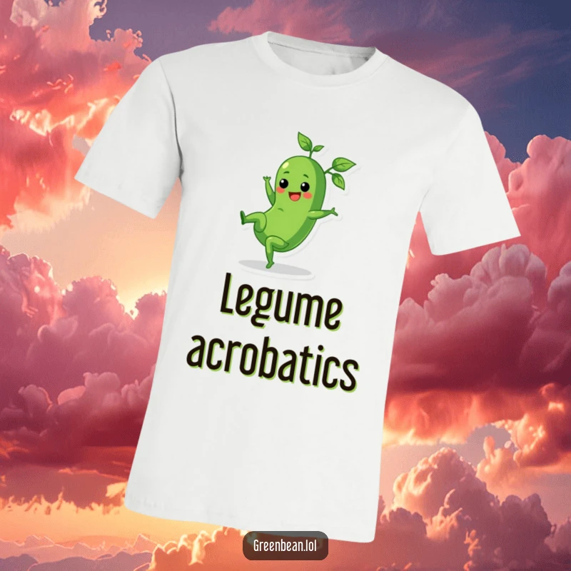 Funny t-shirt of a cheerful green bean performing a cartwheel with leafy tops trailing, active and playful.