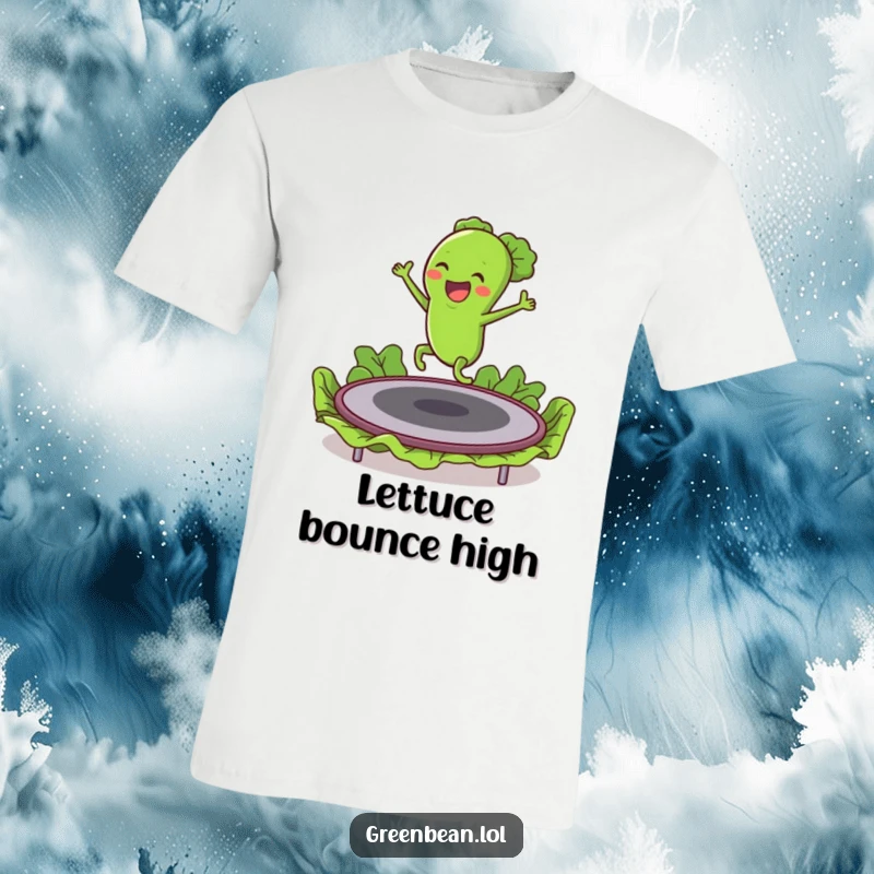 Funny t-shirt illustrating an excited green bean character energetically bouncing on a trampoline made entirely of crisp lettuce.