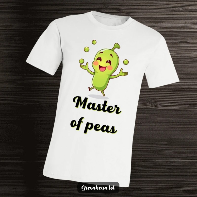 Funny green bean t-shirt, joyful character juggling small peas with a wide smile, humorous and eye-catching design, funny gift.
