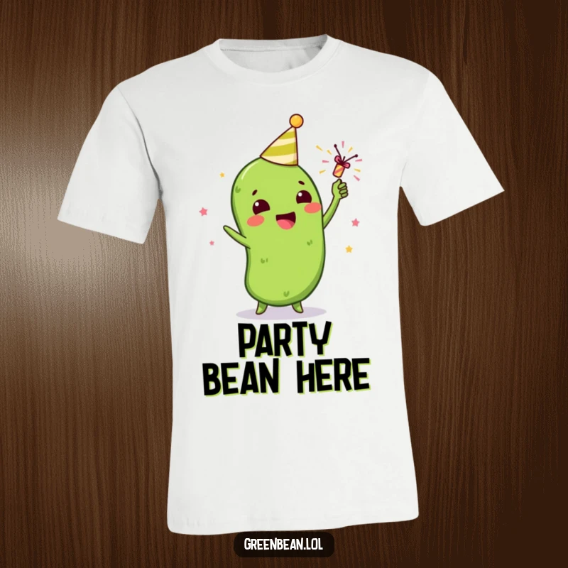 Funny t-shirt graphic of a gleeful green bean character enthusiastically celebrating with a small party popper.