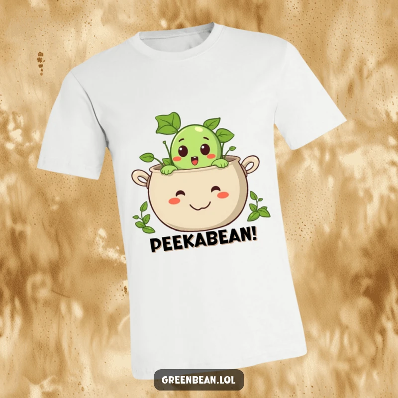 Funny t-shirt showing a very surprised green bean character peeking out of a large, smiling pot, playful humor.