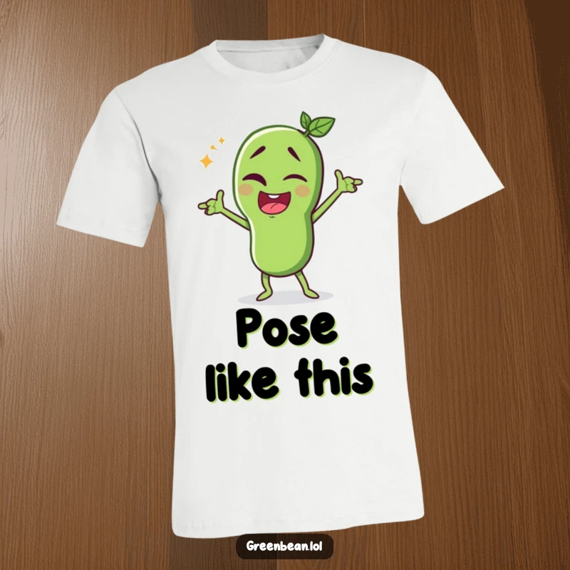 Funny green bean t-shirt, winking character in a dramatic pose, confident and stylish design, perfect for performers, funny gift.
