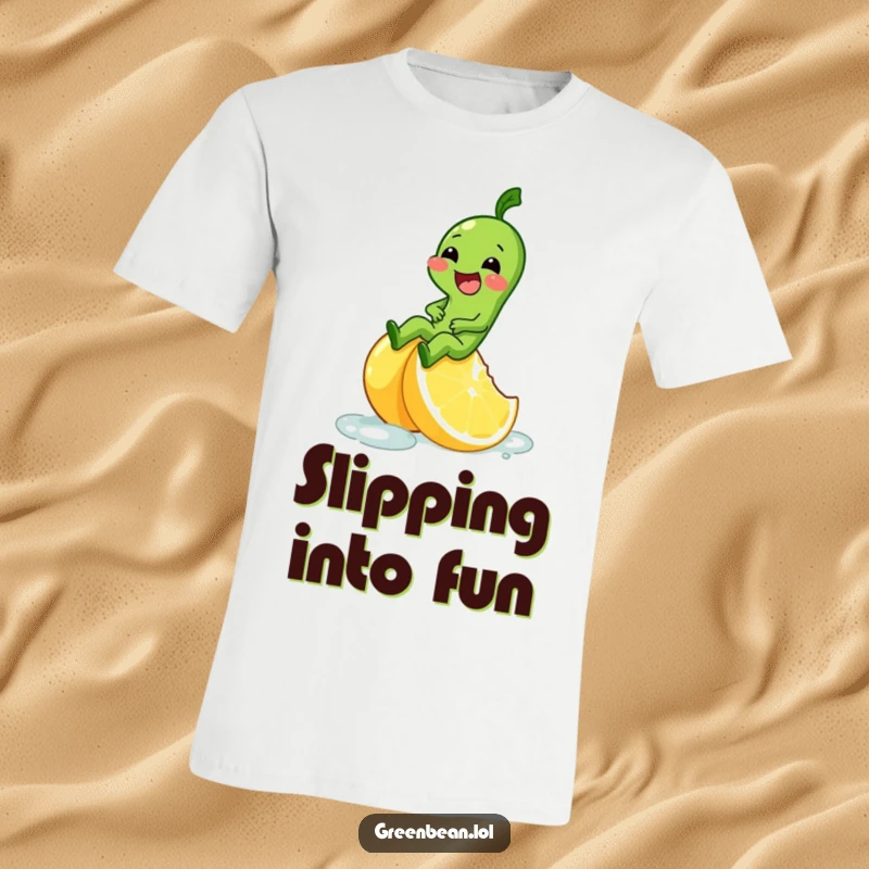 Funny t-shirt depicting a green bean character giggling gleefully as it slides down a slick lemon wedge.