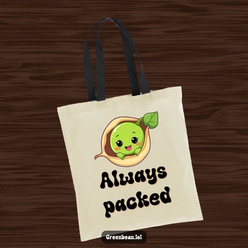 Funny tote bag with a cute green bean peeking from its pod, perfect for carrying essentials with a touch of whimsy.