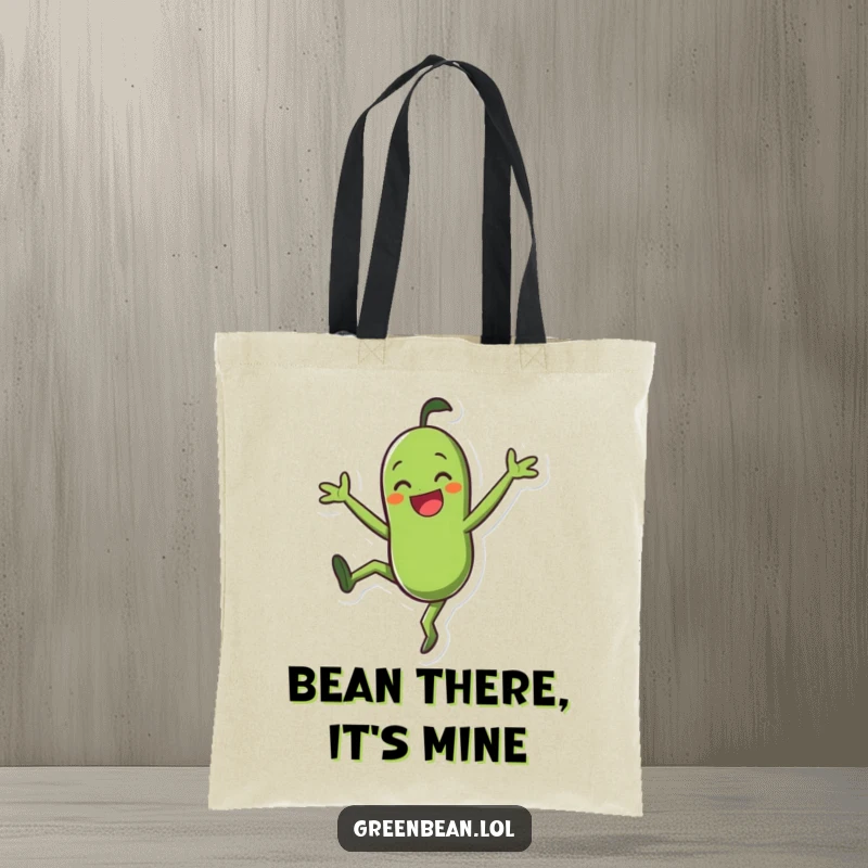 Funny Tote Bag: Smiling green bean character doing a joyful cartwheel, a humorous and practical tote for foodies.