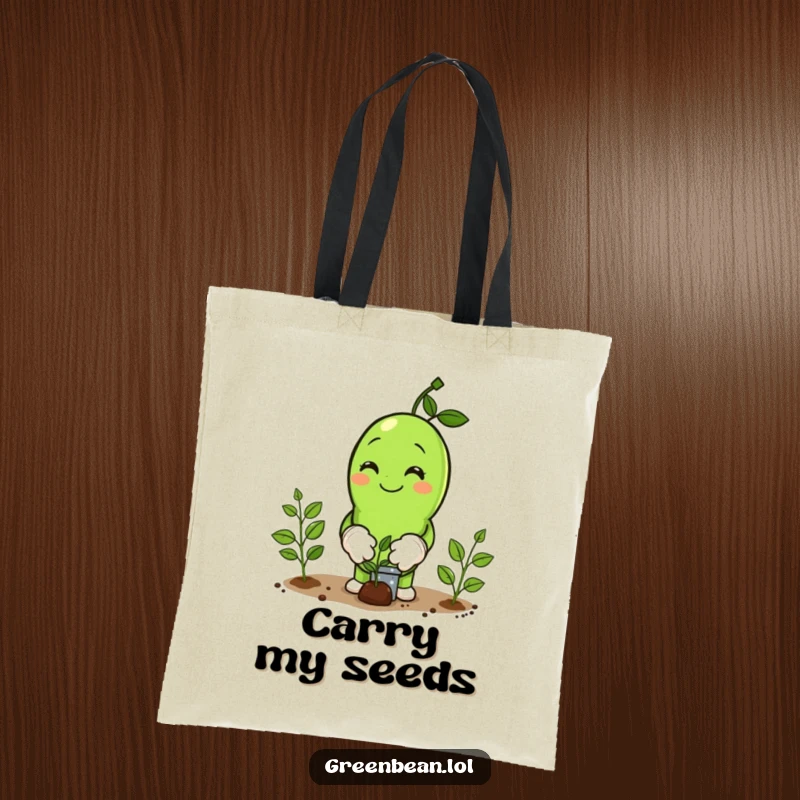 Funny Tote Bag featuring a happy green bean character in tiny gloves, planting seeds, perfect for carrying garden supplies.