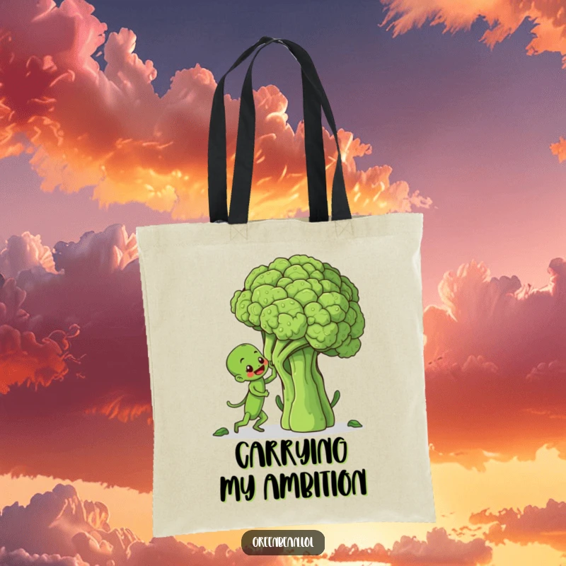 Funny tote bag featuring a determined green bean character climbing a huge broccoli stalk, a humorous accessory for daily errands.