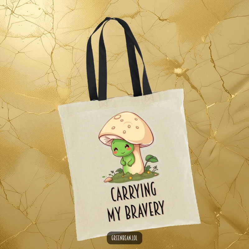Funny tote bag illustrating a shy green bean character peeking from behind a large, welcoming mushroom in a woodland setting.