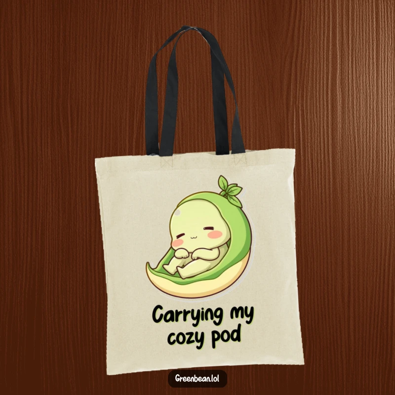 Funny tote bag with a content green bean relaxing in its pod, ideal for carrying essentials and a great funny gift.
