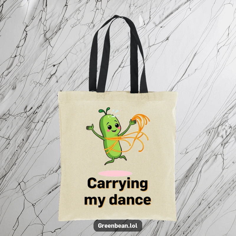 Funny tote bag illustrating an energetic green bean character twirling spaghetti with the flair of a ribbon dancer.