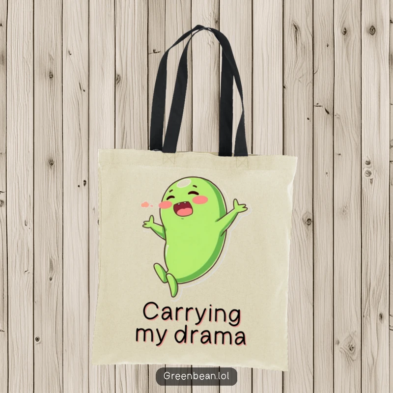 Funny tote bag showcasing a plump, blushing green bean character executing a dramatic, exaggerated dive, great for shopping.