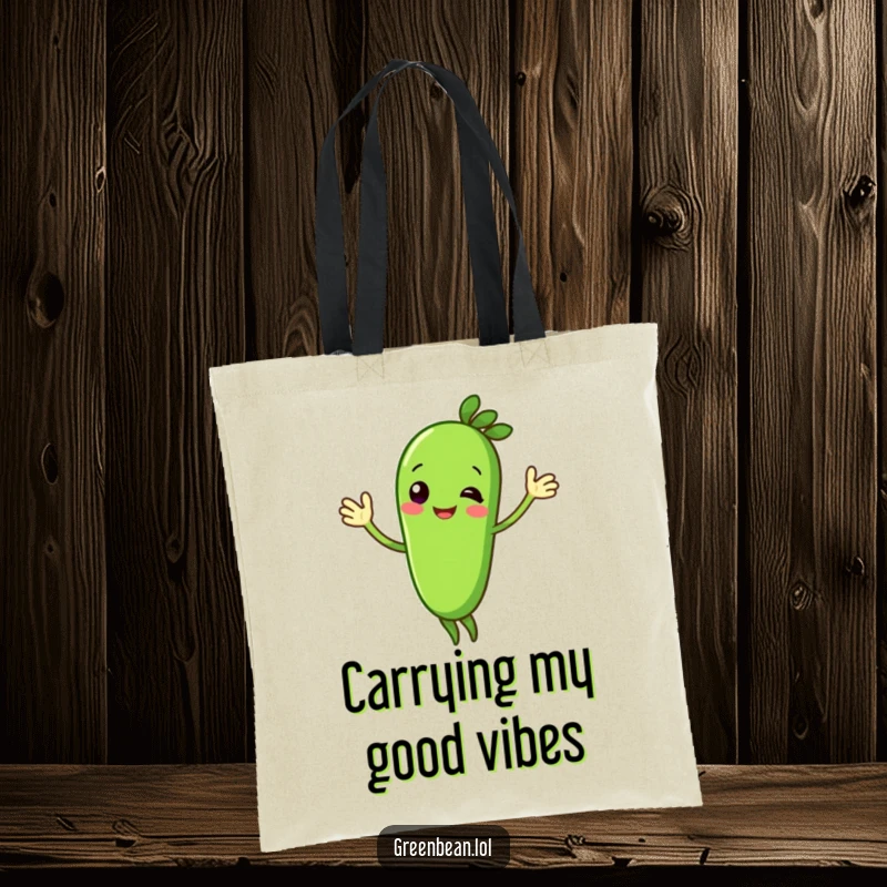 Funny green bean tote bag featuring a happy character waving enthusiastically. This reusable bag is perfect for shopping.