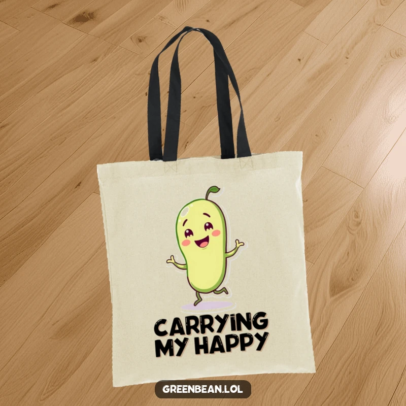 Funny tote bag featuring a happy green bean character engaged in a lively jig, full of playful motion.