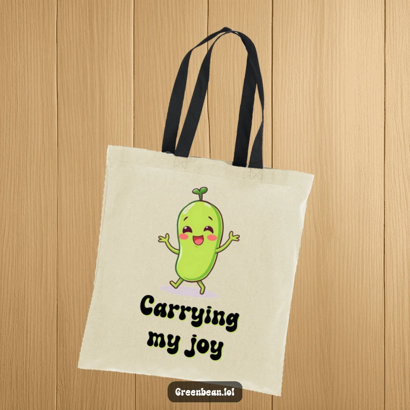 Funny Green Bean Tote Bag with a happy character doing a little dance, perfect for carrying essentials with joy.