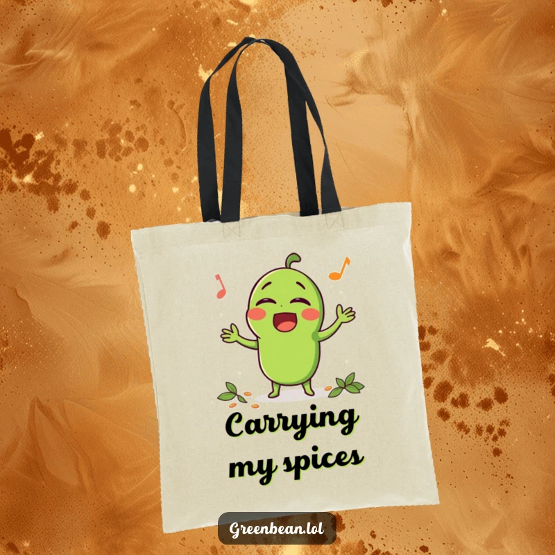 Funny Tote Bag featuring a happy green bean character singing loudly while being seasoned, symbolizing a flavorful performance.