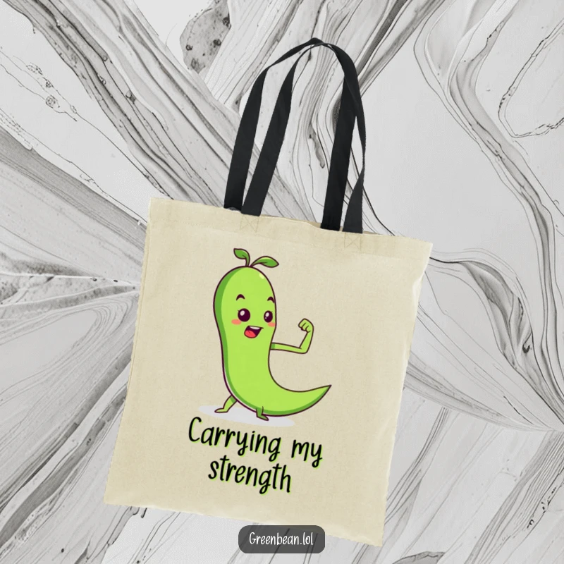 Funny tote bag with a determined green bean flexing a pea muscle, ideal for gym essentials and a great funny gift.