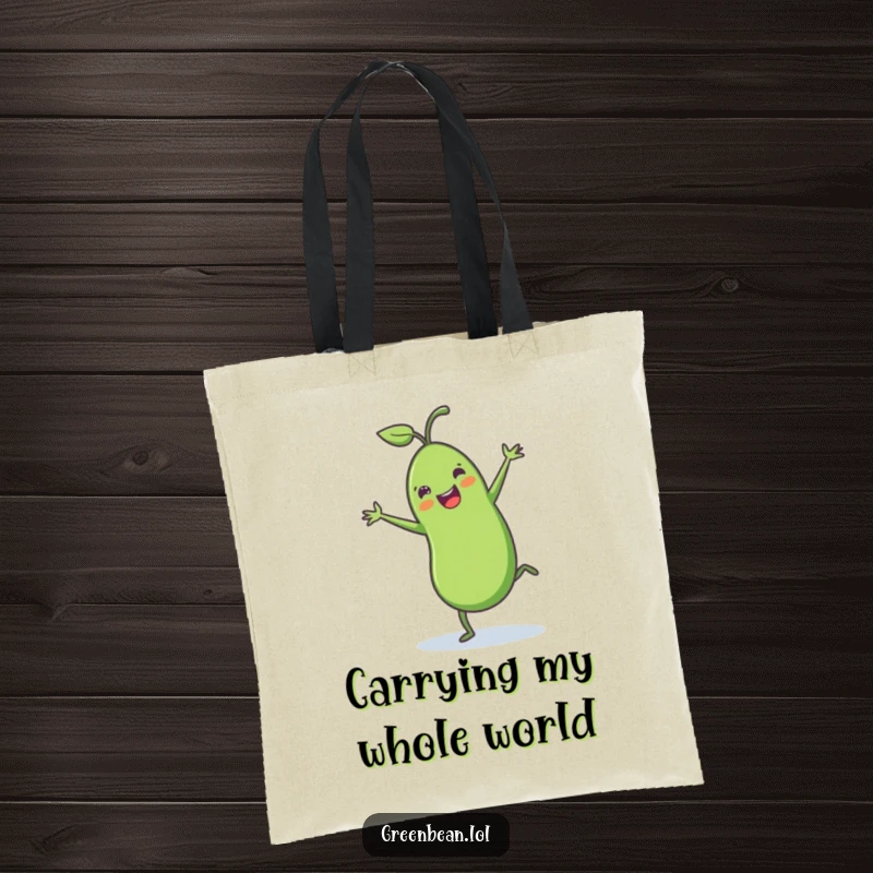Funny green bean tote bag illustrating a cheerful green bean with tiny legs doing a joyful cartwheel, highlighting its energetic and funny nature.