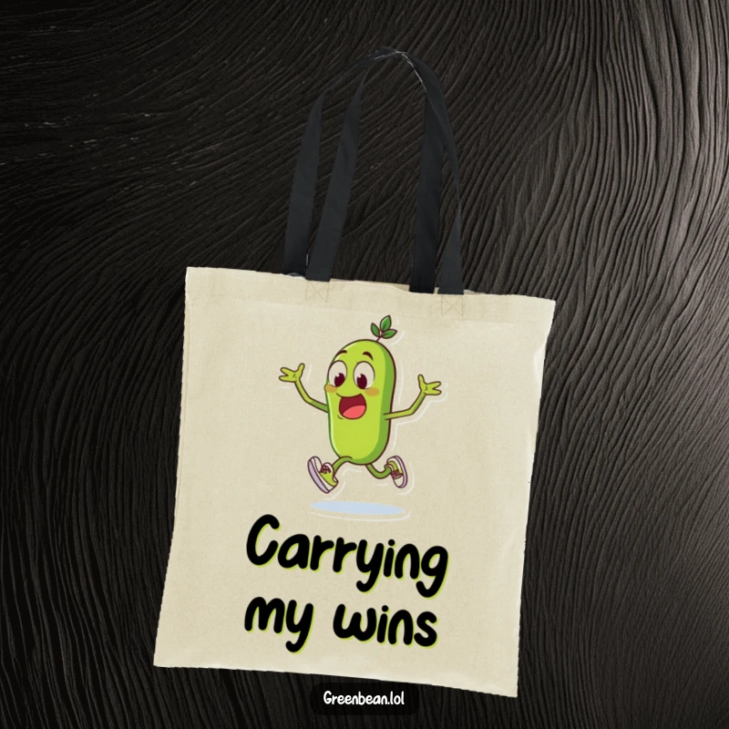 Funny green bean tote bag, excited sprinter with tiny shoes, perfect for gym or groceries, humorous and practical, funny gift.