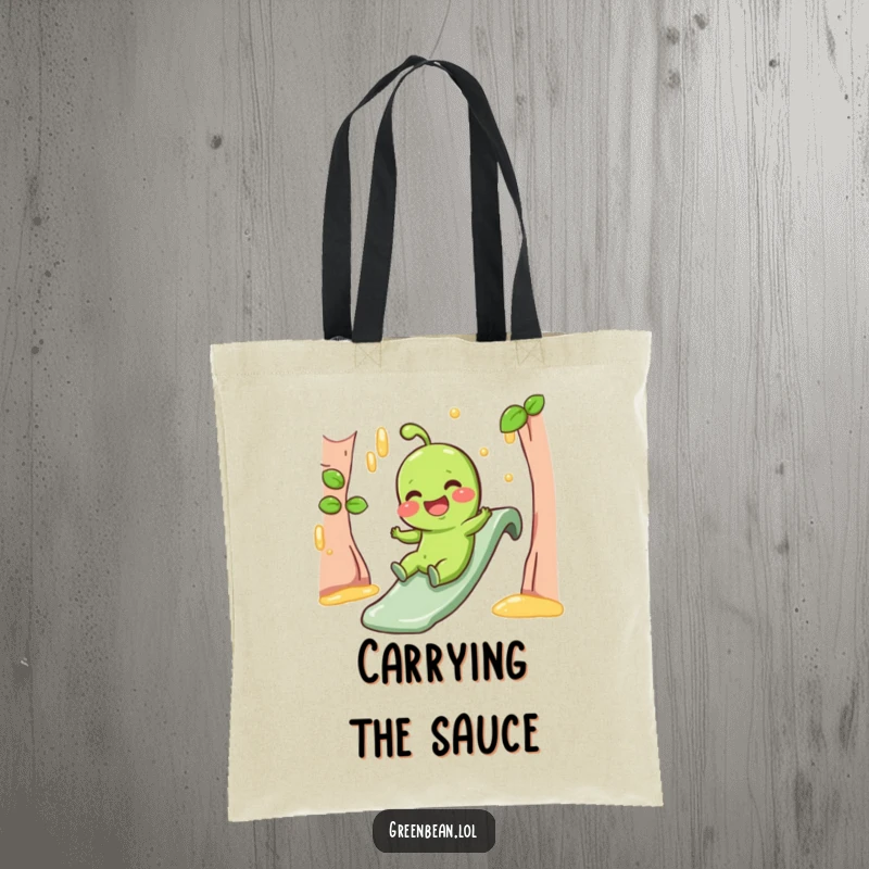 Funny Tote Bag showing a giggling green bean character sliding down a gravy slide, a whimsical carry-all.