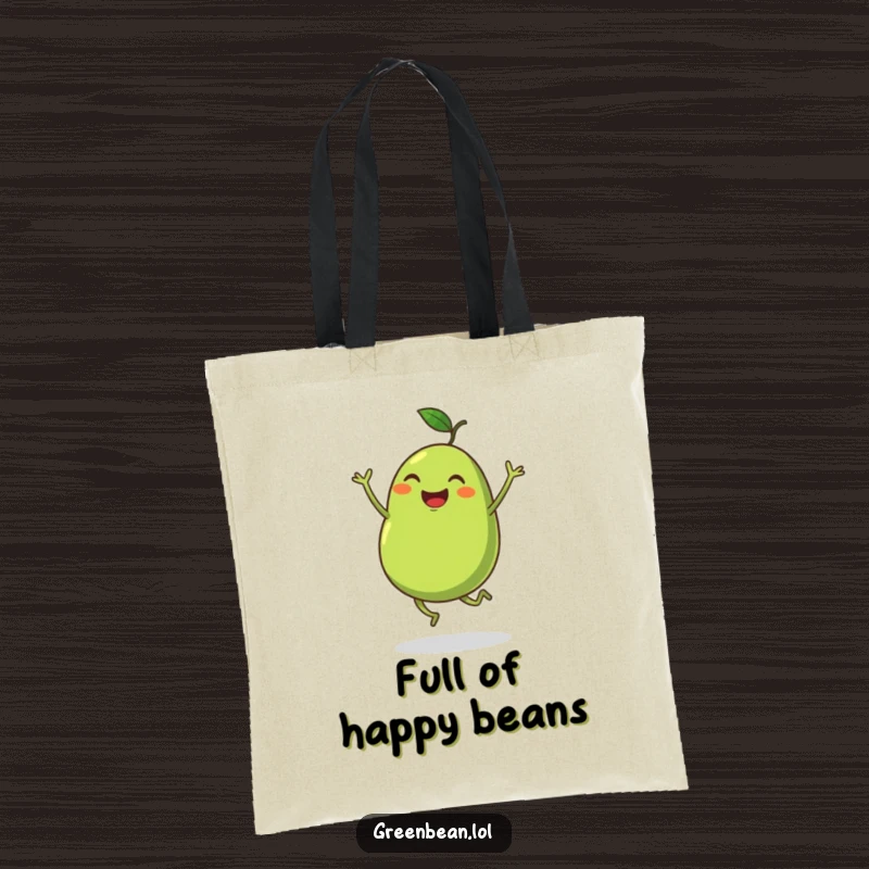 Funny tote bag showing a plump green bean with tiny legs dancing enthusiastically, perfect for carrying happiness. A wonderful funny gift.