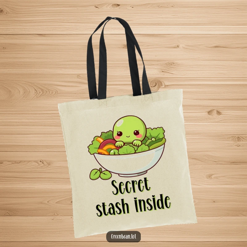 Funny Tote Bag showing a shy green bean character peeking from a salad bowl, a cute grocery companion.