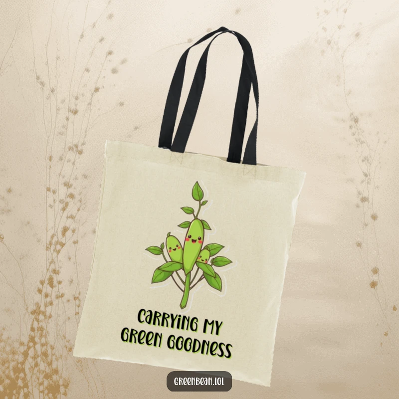 Funny tote bag with a smiling green bean plant, symbolizing the humorous joy of gardening and fresh produce.