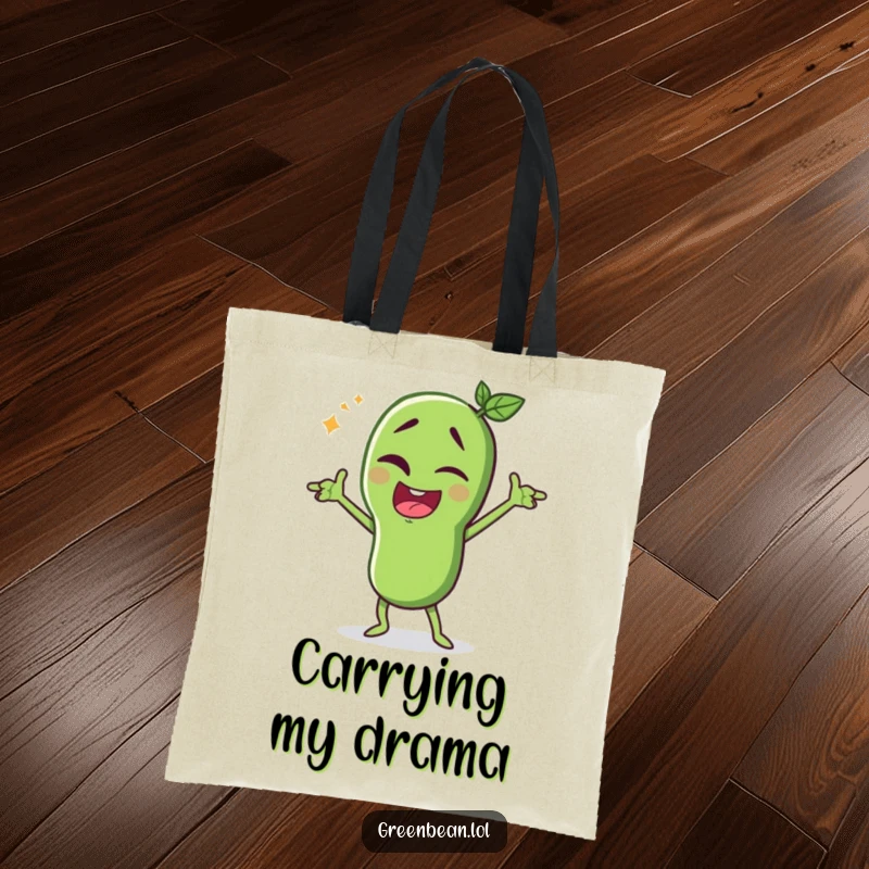 Funny green bean tote bag, winking character in a dramatic pose, stylish and humorous, perfect for shopping, funny gift.