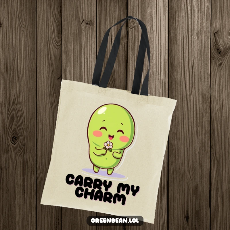 Funny green bean character sweetly presenting a tiny flower, printed on a practical and stylish tote bag.