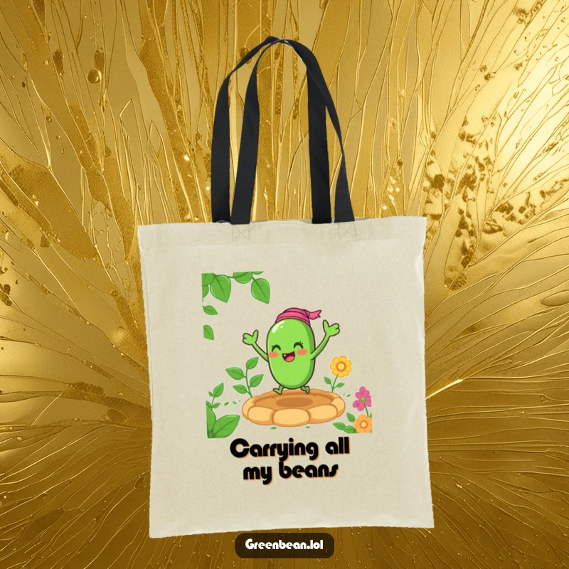 Funny green bean tote bag, depicting a cheerful character happily bouncing in a garden, ideal for stylish and humorous carrying.