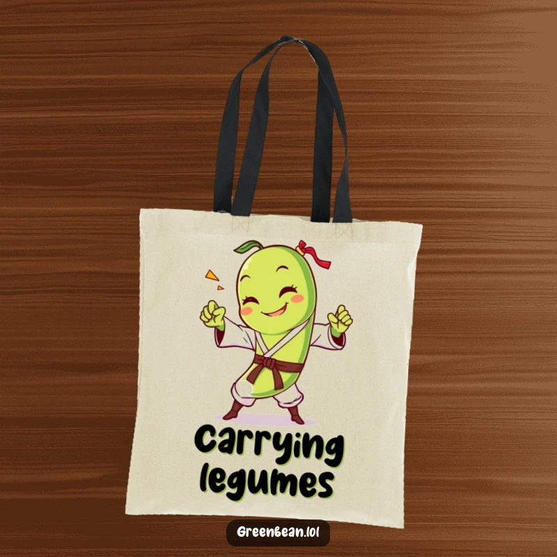 Funny green bean tote bag showcasing a smiling character in a dynamic karate chop pose, blending utility with hilarious veggie action. Eco-friendly.