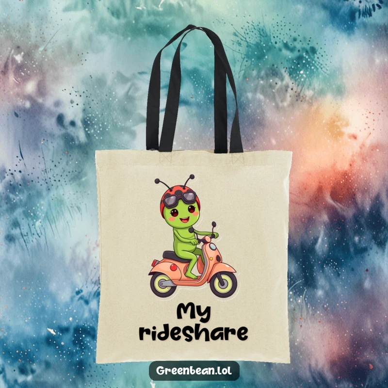 Funny tote bag showing a green bean character riding a ladybug scooter, perfect for daily commutes with a grin.