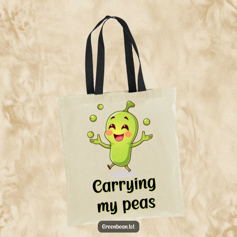Funny green bean tote bag, joyful character juggling peas, perfect for shopping and errands, humorous and practical, funny gift.