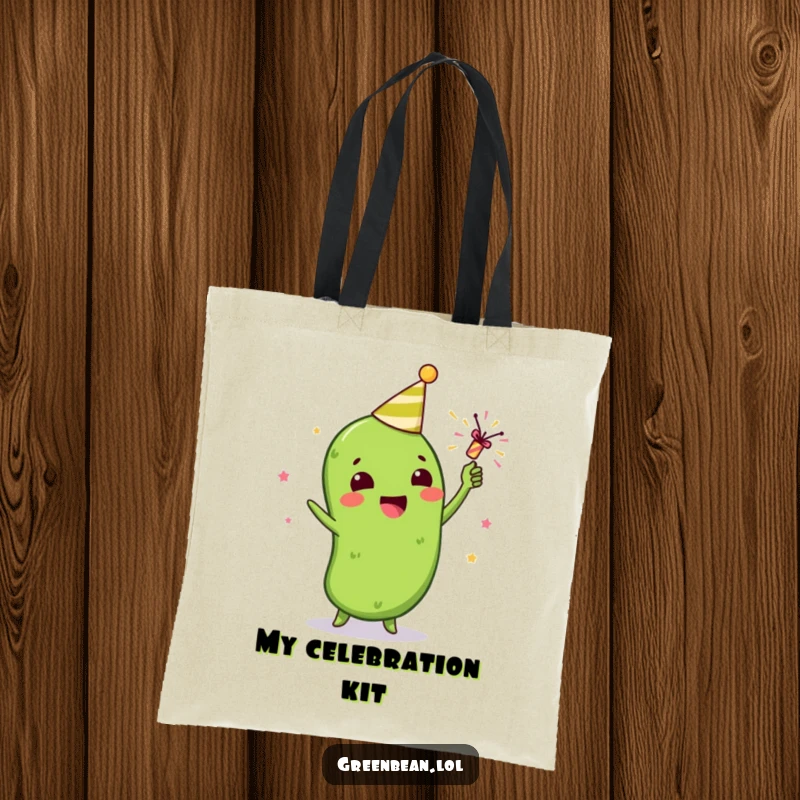 Funny tote bag with a gleeful green bean character celebrating using a tiny party popper, ideal for festive carrying.