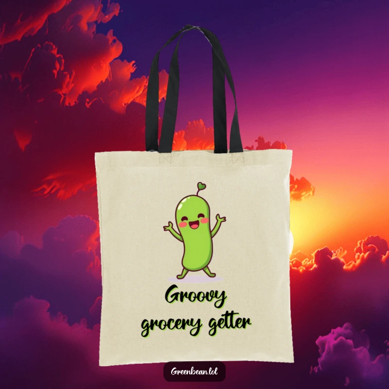 Funny tote bag featuring a green bean character doing a cheerful shimmy dance. Humorous and practical accessory for dancers.