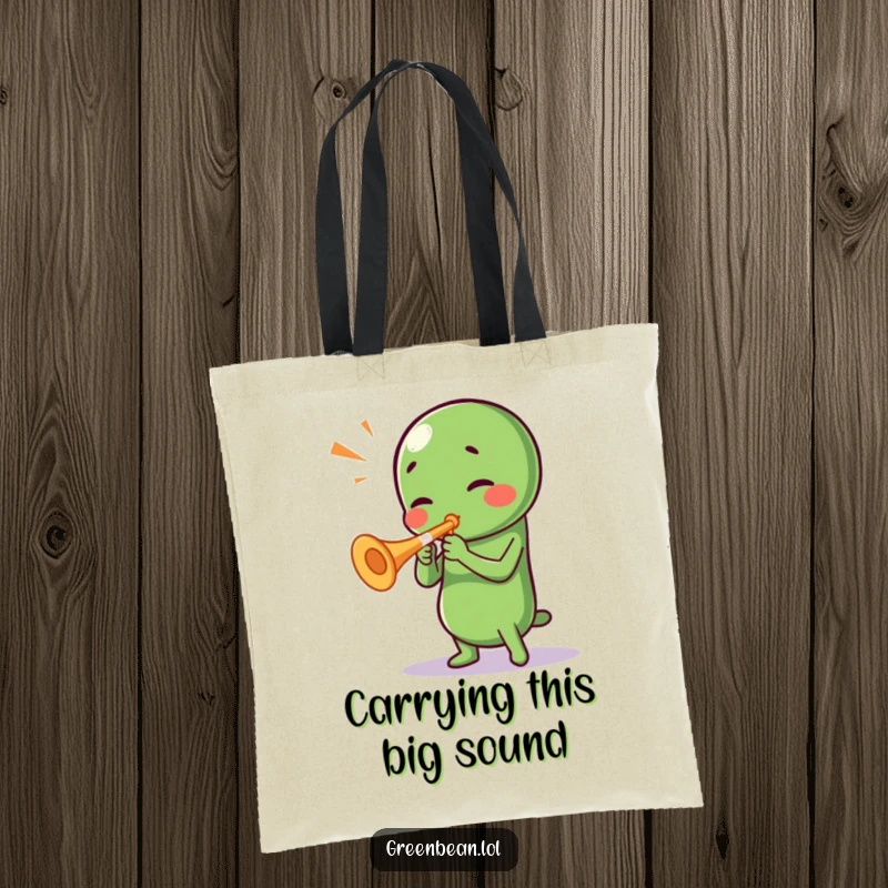 Funny Green Bean Tote Bag: A cheerful green bean character tooting a tiny trumpet, ideal for carrying daily items with a humorous touch.
