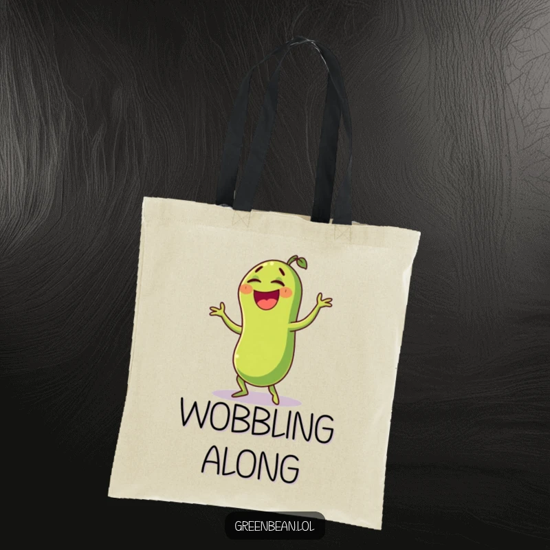 Funny green bean tote bag featuring a laughing character in a comical wobble dance, blending practicality with hilarious veggie fun. Sturdy and stylish.