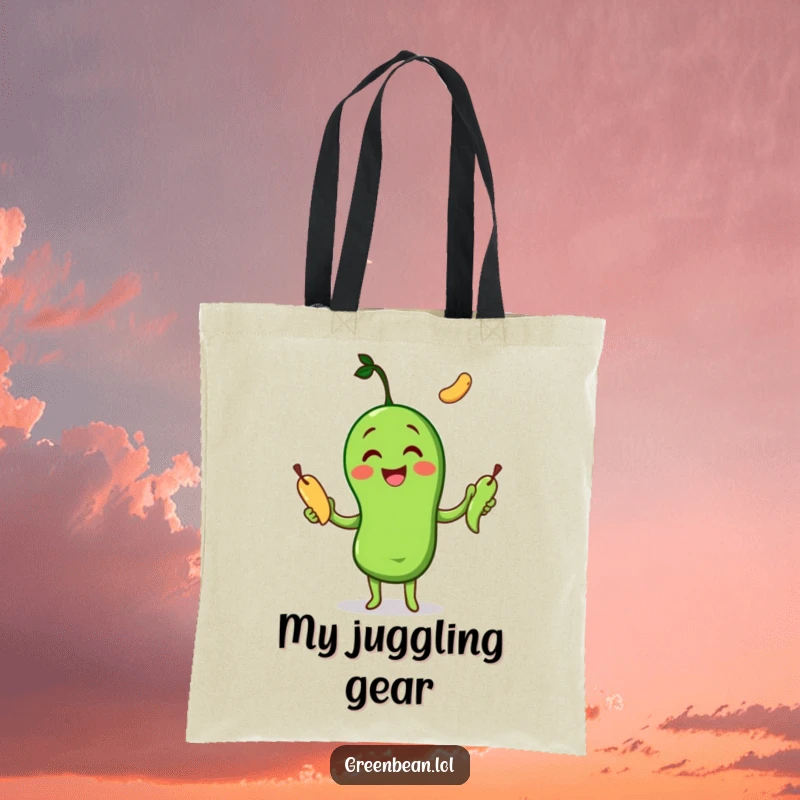 Funny Tote Bag featuring a cheerful green bean character joyfully juggling three other green beans, symbolizing multi-tasking.