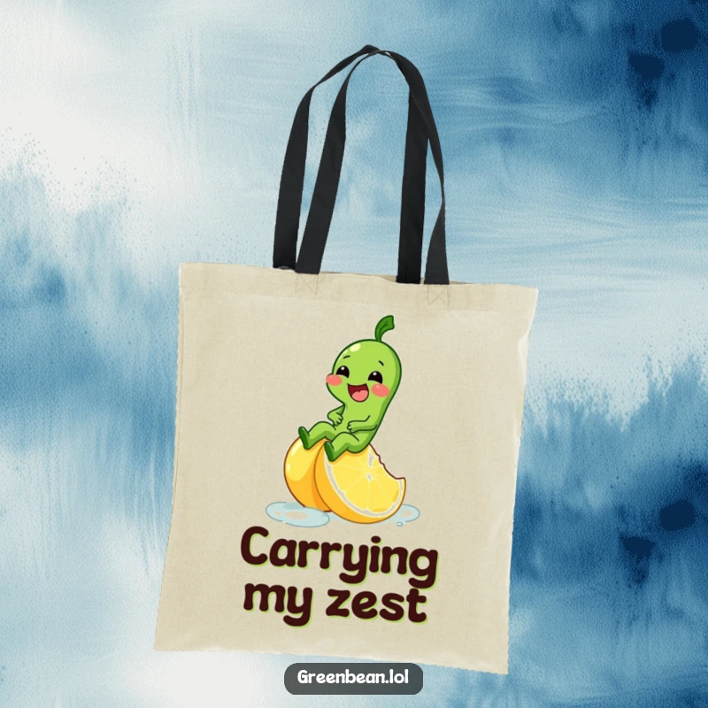 Funny tote bag showing a green bean character giggling as it slides down a slippery lemon wedge.