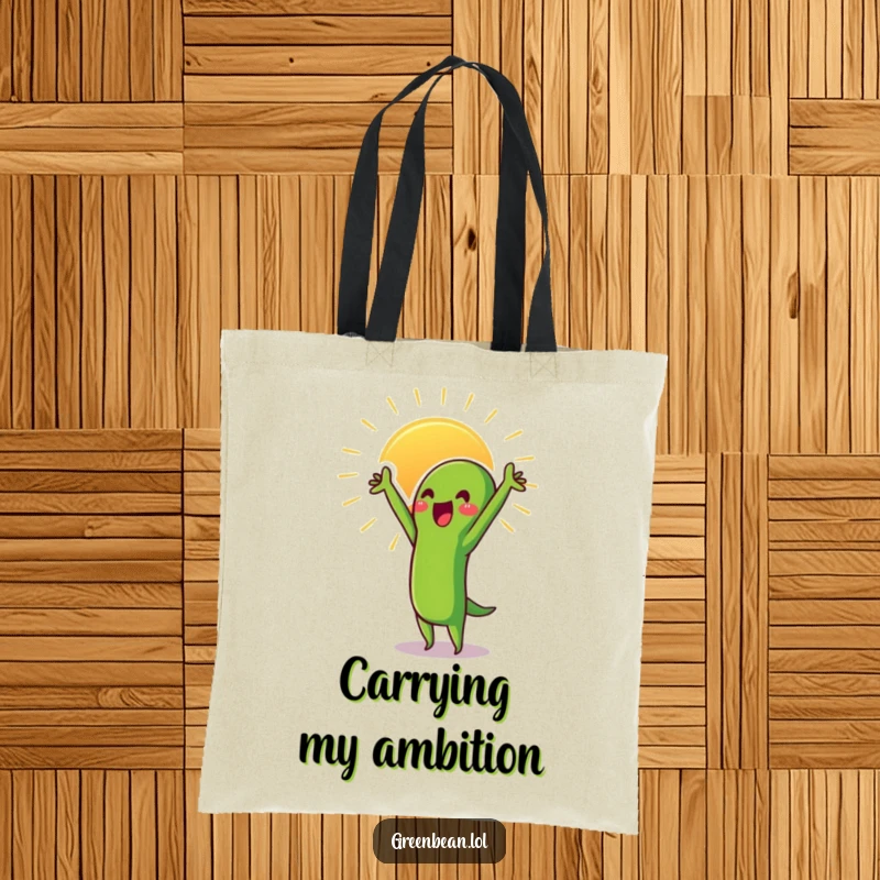 Funny Green Bean Tote Bag with a proud character stretching towards the sun, perfect for carrying essentials with inspiration.