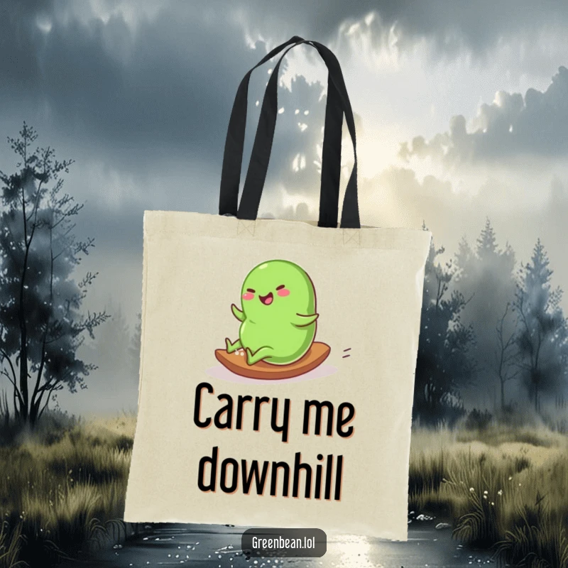 Funny Tote Bag featuring a plump green bean character rolling down a gentle slope with pure joy and excitement.