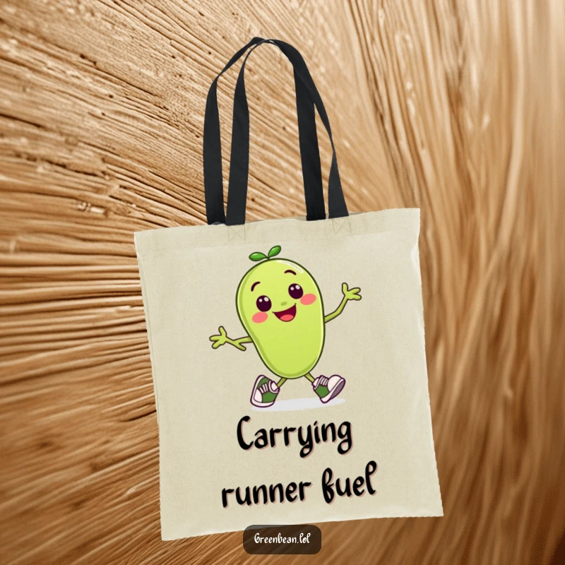 Funny tote bag showing a smiling green bean character in tiny running shoes, actively jogging.