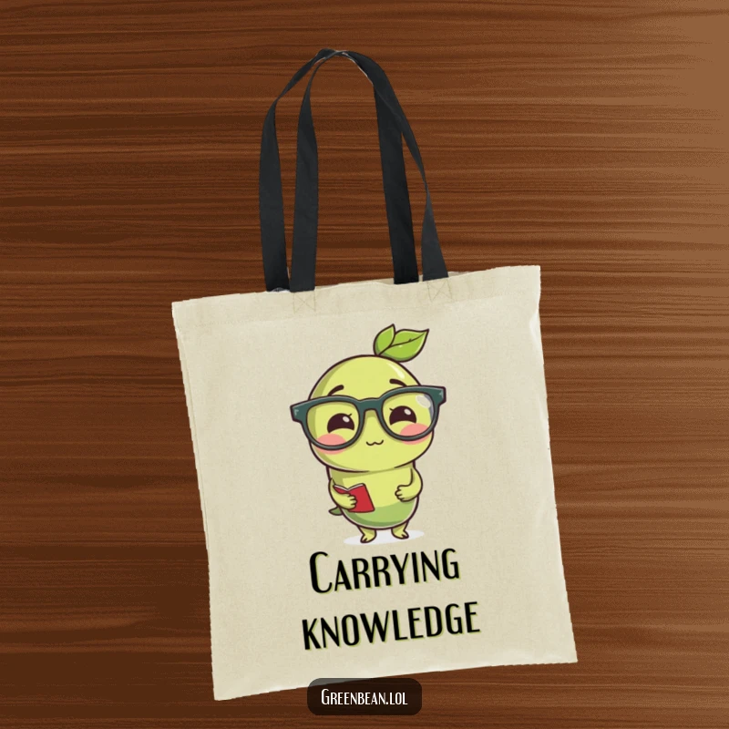 Funny studious green bean wearing reading glasses, a practical and humorous tote for carrying books.