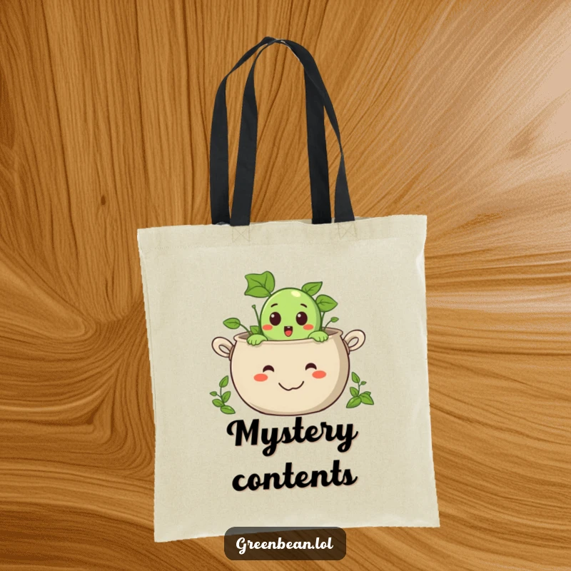 Funny tote bag featuring a surprised green bean character peeking out of a smiling pot, great for daily use.